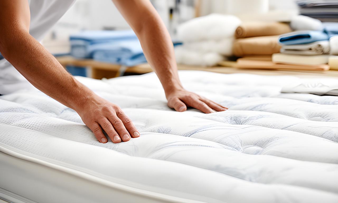 Skilled mattress maker finishing a mattress in a bright workshop with stacked natural materials