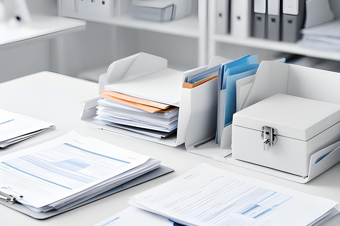 Folders and labelled records on a clean desk in a small retail office