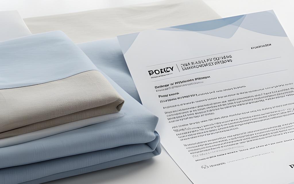 Neatly folded bedding and printed policy notes on a clean table in a bright showroom