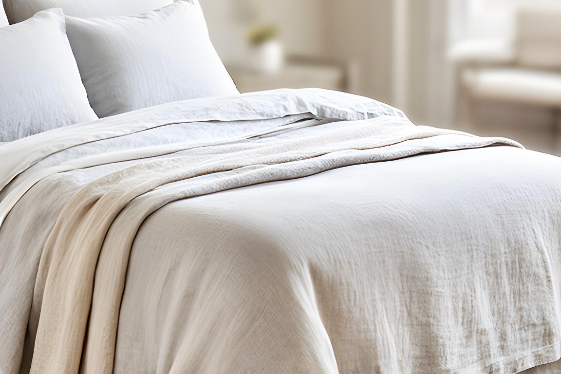 A neatly made bed with linen bedding in a bright bedroom with soft natural light and layered textures