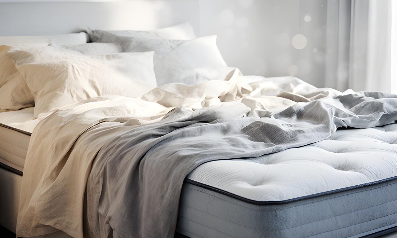 Serene bedroom with a neatly made mattress, soft linen, and calm natural light